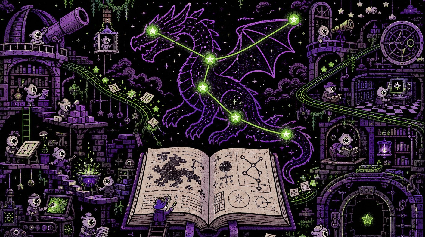 LitHarness artwork: a constellation dragon rising from an open book in a workshop of one-eyed archive creatures