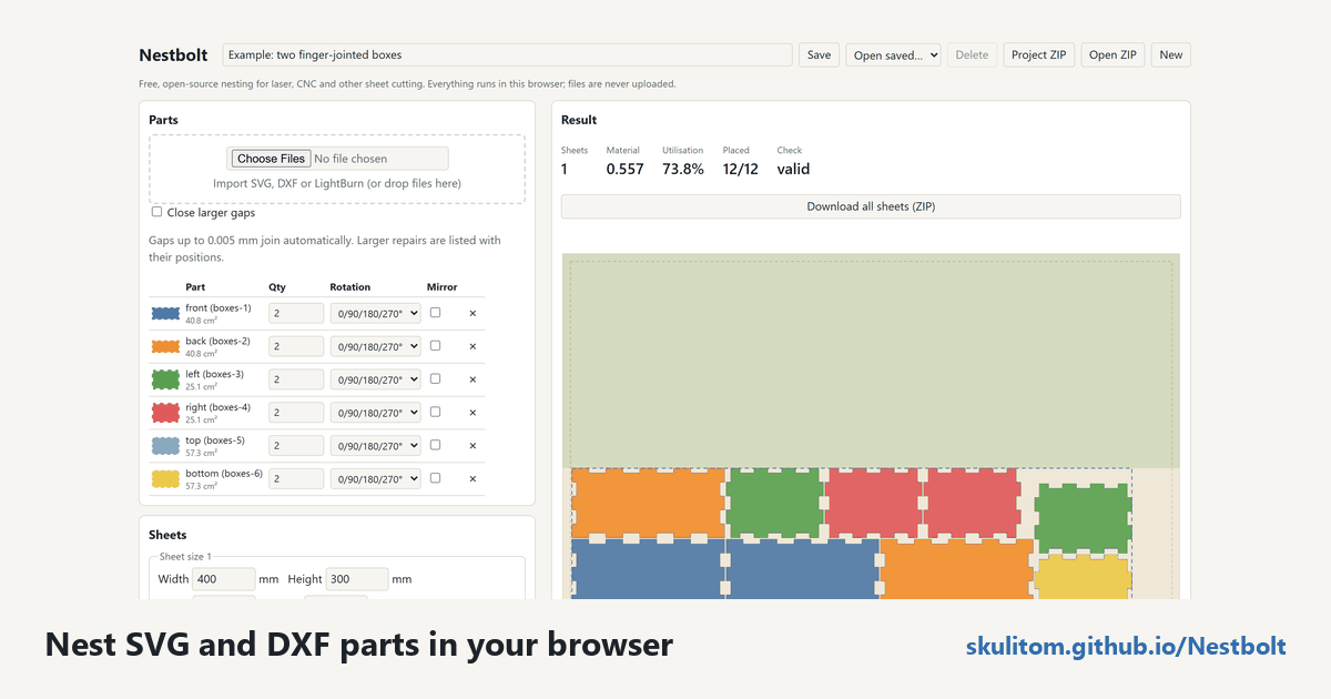 The Nestbolt browser app after the finger-jointed boxes example: the parts list with quantities and rotations on the left, and on the right the result, 12/12 panels on one sheet, check valid, with the clear offcut shaded above the parts