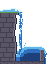 A waterfall: a thin stream runs down a stepped stone cliff into a basin that spills over its far rim