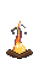 Pixel art campfire with rising embers and smoke