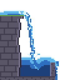 Pixel art waterfall pouring into a stone basin