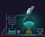 Pixel art made with Pixelbolt: a mint liquid boils in a glass flask on a moonlit workbench, and its steam rolls up in shaded billows.