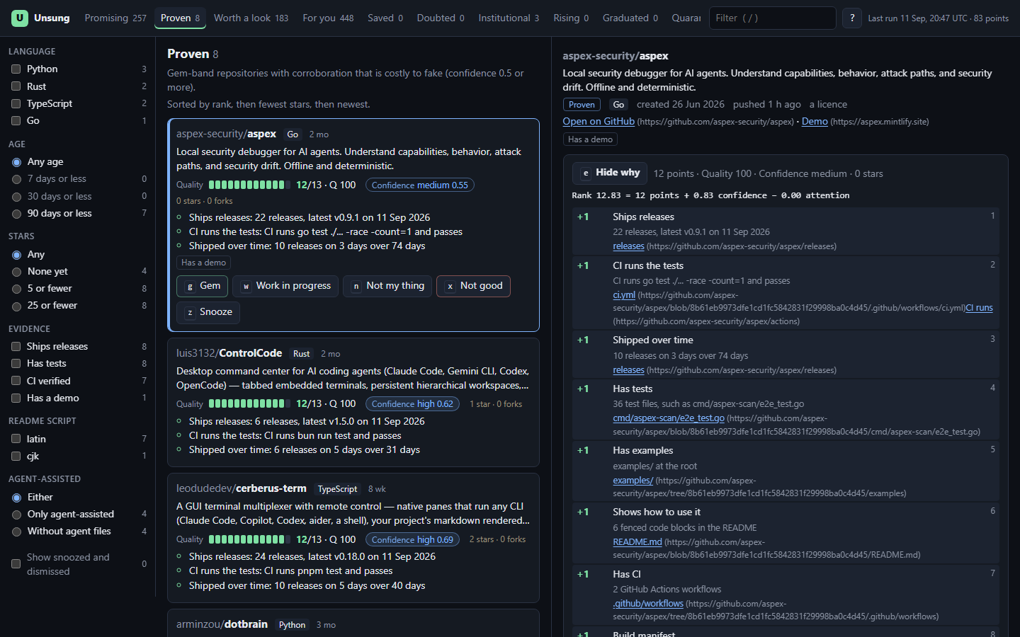 The Unsung explorer: the Proven shelf on the left, and on the right the reasons one repository scored 12 points, each linked to its evidence at the scored commit.